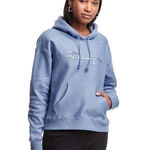 NWT Champion Reverse Weave Hoodie, Light Blue Vintage Logo Applique